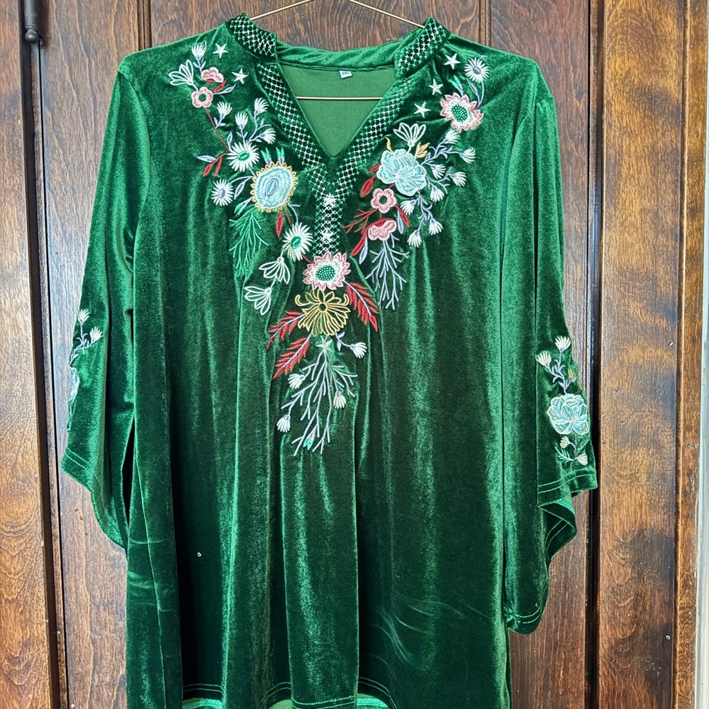 Embroidered Green Velvet Women's Top NWOT